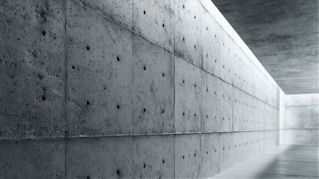 Fair-faced concrete wall with soft lighting highlighting fine pores and light gray tones. Minimalist composition provides large clean copy space on right. Ideal architectural background for web...