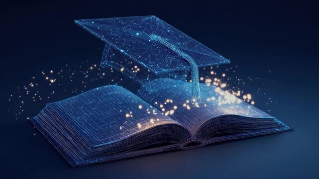 A digital graduation cap hovers above an open book. ..Created with Generative AI, not depicting real subjects.