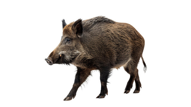 Full body shot of a wild forest wild boar or sus scrofa walking calmly on transparent background