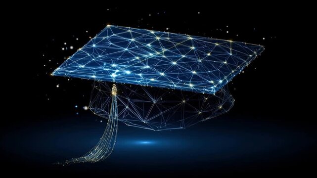 A graduation cap adorned with glowing digital connections and a shimmering tassel floats in a dark abyss. ..Created with Generative AI, not depicting real subjects.