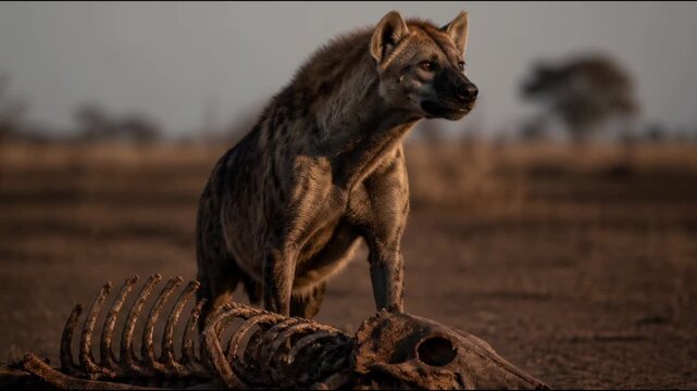 A spotted hyena stands alert over a sun bleached animal carcass on the arid savanna, guarding its scavenged meal during the golden hour in the African wilderness, capturing nature at its rawest.