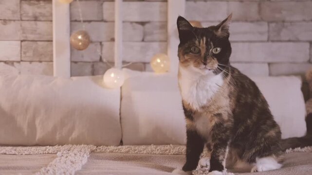 Calico cat sitting on soft beige blanket with white pillows, glowing string lights background, feline curiosity, cozy home atmosphere, charm pet companionship lifestyle, Modern pet-friendly interior