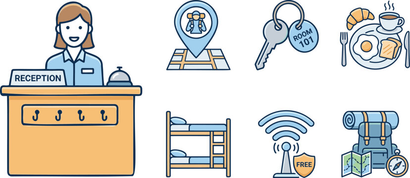 Hostel reception desk and backpacker travel icon collection set with hotel service elements flat vector.