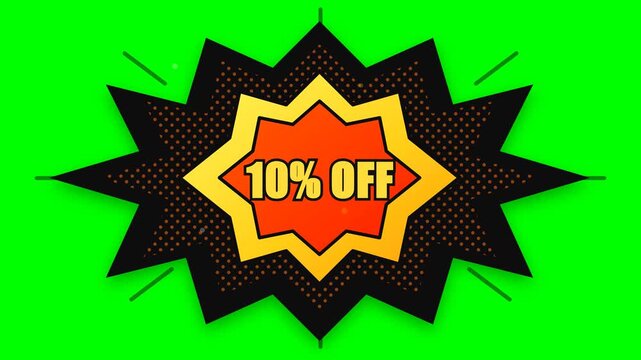 Comic Pop Art 10 Percent Off Sale Badge Bounce Animation Green Screen Overlay for Retail Promotion Social Media Ecommerce and Advertising Videos.