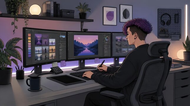 A non binary digital artist manipulating an array of ai generated assets in a wide cinematic workspace, featuring detailed gigapixel cgi imagery on multiple monitors for a modern creative design studi