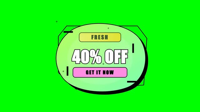 Modern Geometric 40 Percent Off Fresh Sale Badge Green Screen Overlay Animation for Retail Promo Videos and E-commerce Digital Marketing.