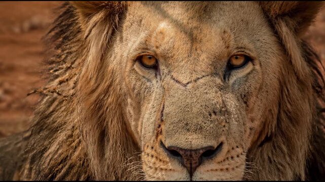 A majestic male lion with a scarred face stares intensely into the camera while resting in the African savanna, capturing the powerful gaze of a wild king in the wilderness.