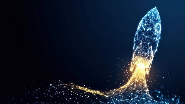 Digital rocket launch, symbolizing innovation and technological advancement, against a dark starry background. ..Created with Generative AI, not depicting real subjects.