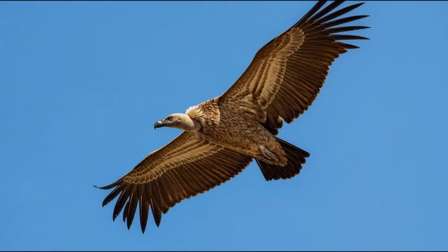 A majestic vulture with a massive wingspan soars gracefully through a clear and vibrant blue sky. This stunning wildlife footage captures the bird of prey gliding effortlessly in the high altitude.