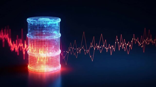 A glowing digital representation of an oil drum stands prominently against a dark background. ..Created with Generative AI, not depicting real subjects.