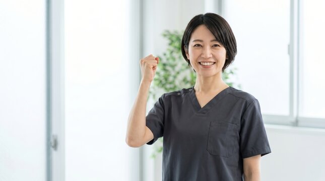 Smiling Asian female medical professional in scrubs making a fist gesture.