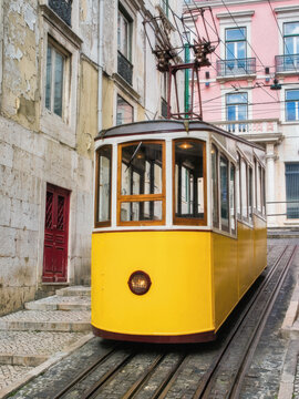 Lisbon, Portugal - Ascensor da Bica aka Elevador da Bica, the famous funicular tram which connects the Bairro Alto and Chiado to Cais do Sodre