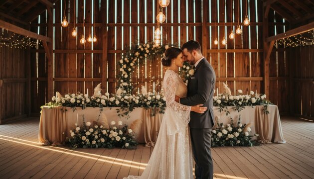 Happy bride and groom sharing an intimate moment in a rustic barn decorated with elegant flowers for a romantic country wedding celebration concept