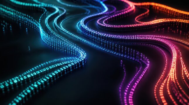 Streaming cascades of binary code dissolve into liquid, a cinematic high resolution digital art piece featuring glowing neon streams of data flowing across a dark background for modern technology.