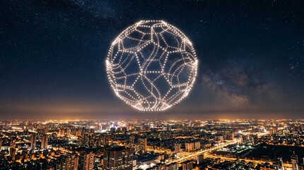 Glowing Soccer Ball Projection Over Cityscape at Night