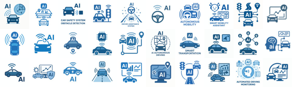 Flat vector icon AI Self driving car system blue color