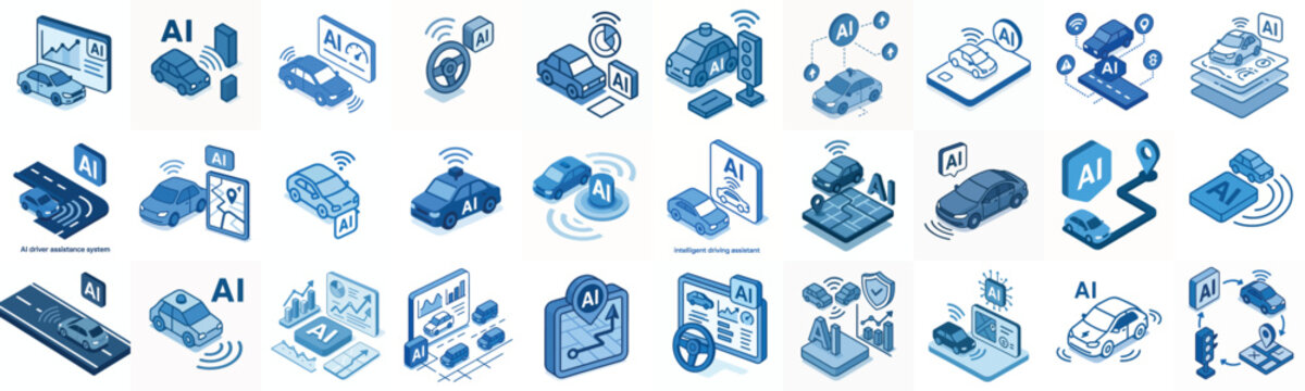 Isometric vector icon AI Self driving car system blue color