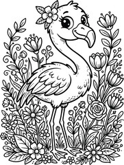 Fototapeta premium Cute cartoon flamingo in floral garden