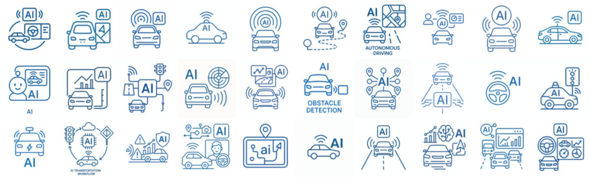 Line art vector icon AI Self driving car system blue color
