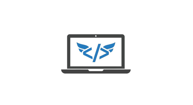 Laptop with blue logo on screen.