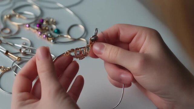 Close-up of gentle hands carefully selecting a beautiful piece of jewelry, showcasing intricate details and personal style from a cherished collection