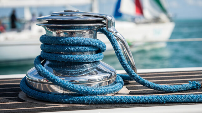 Close-up of a winch with blue rope on a yacht during a summer regatta, with blurred sailboats in the background and bright sunlight highlighting the scene