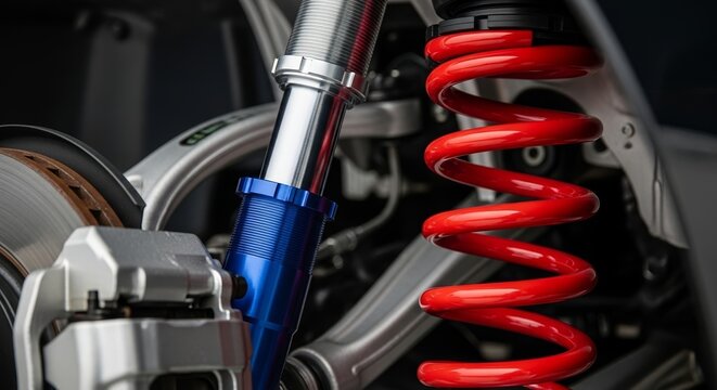 Car suspension system with red coil spring and shock absorber close-up showing automotive engineering. Car suspension system highlights design, performance, and stability enhancing movements.