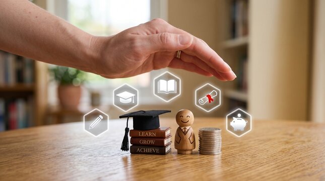 Protecting Financial Security with Hand and Icons on Desk