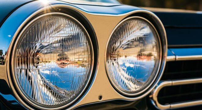 Classic car headlights with shiny chrome detailing and reflections in lenses. Close-up view of vintage car headlights showcasing intricate design elements and reflective surfaces.