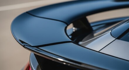 Naklejka premium Rear spoiler on car showing sleek design and aerodynamic structure. Car features stylish rear spoiler enhancing performance and visual appeal.