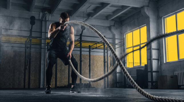 Intense functional rope battle training for fitness enthusiasts