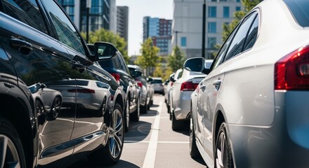 Fototapeta premium Urban parking lot with parked cars in city environment, showcasing variety of vehicles and modern architecture. Urban parking lot features rows of cars aligned for convenient access,
