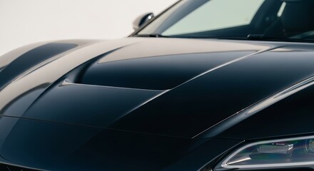 Naklejka premium Sleek sports car hood detail showcasing polished curves and dynamic lines. The sports car features a glossy finish, emphasizing automotive design and engineering.