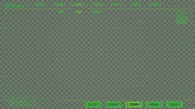 Retro futuristic game style green overlay HUD with CRT scanlines on transparent background. Green military retro-futuristic UI overlay for video or broadcasting. 80s style interface template.