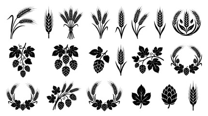 Silhouette vector illustrations of wheat and hops for agriculture brewing organic farming and botanical design projects