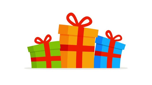 Animated three colorful gift boxes dancing and swaying in seamless loop. Playful flat holiday presents with wiggling bows on white