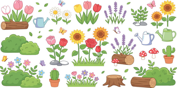 Garden flowers and plants vector element set with cute cartoon doodles for backyard decoration