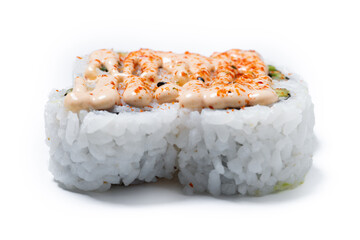 Close Up of Spicy Sushi Roll isolated on white background © chandlervid85