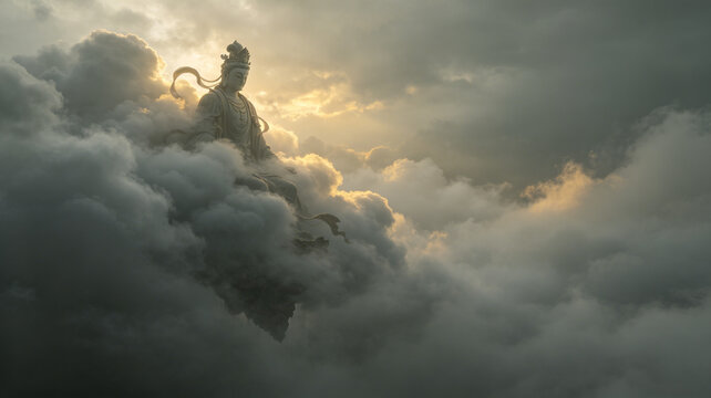 Mysterious deity emerging from thick clouds, hidden fantasy scene