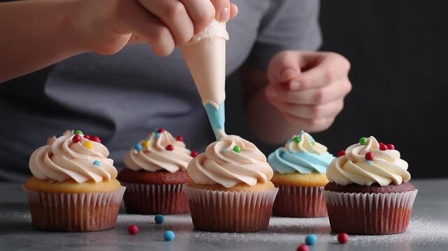 Close-up of a baker decorating a batch of colorful cupcakes with frosting from a piping bag, showcasing a delightful baking scene