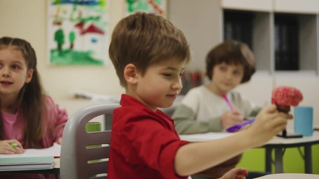 Cute schoolboy showing anatomical brain model to classmates during lesson