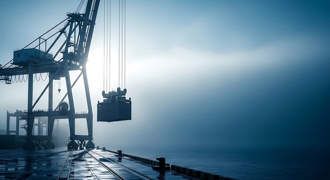 Industrial harbor crane lifting cargo container on a foggy morning