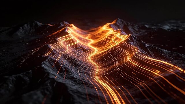 Dark mountain landscape with winding golden glowing data lines