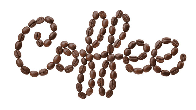 The word Coffee spelled with coffee beans, a close-up shot of a stylized word against a plain background.