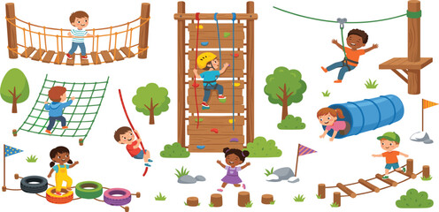 Kids outdoor adventure climbing park vector elements set with happy children playing on obstacle course