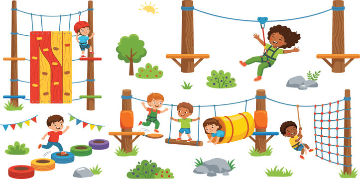 Kids adventure park vector elements set with children playing on ropes course and zipline