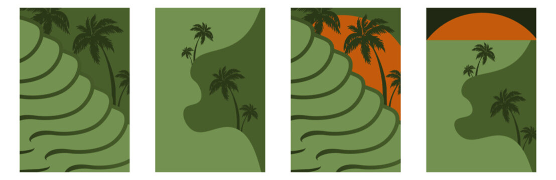Summer Nature background set. Vector green longline fields with palm tree and sun. Perfect Summer poster cover set. EPS 10