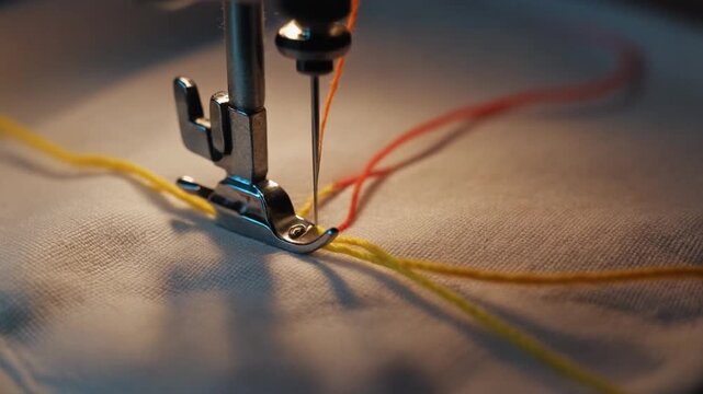 Close-up of a sewing machine needle intricately stitching colorful threads onto fabric, showcasing precision and craftsmanship in textile art