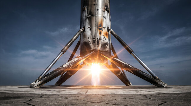 Dramatic close-up of reusable rocket booster landing with fiery engines, set against a dark sky, highlighting the power and precision of modern space technology