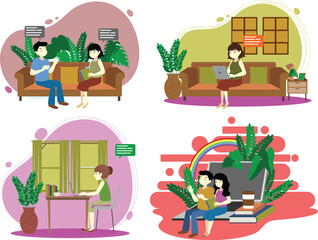 Fototapeta premium Set of different living room interior in flat style, illustration, vector, art design